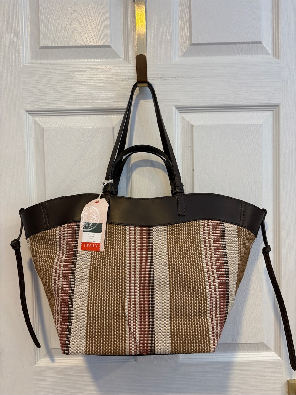 BNWT DIVINA FIRENZE Italian Striped Woven Tote Bag with Dark Brown Leather Trim